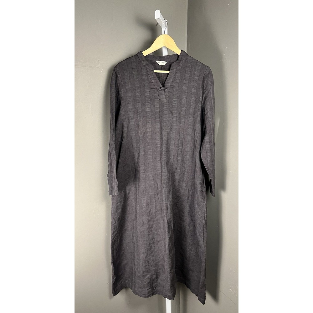 BUYKUD L Casual Loose Linen Cotton Grey Dress Modern Minimalist Tunic 3/4 Sleeve